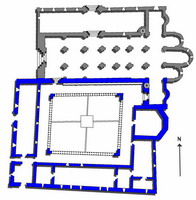 ESQUEMA DE LA IGLESIA PRIMITIVA ROM&Aacute;NICA. EN AZUL, LO CONSERVADO