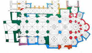 ESQUEMA DE LA PLANTA DEL TEMPLO. EN ROJO: ESTRUCTURAS ROM&Aacute;NICAS