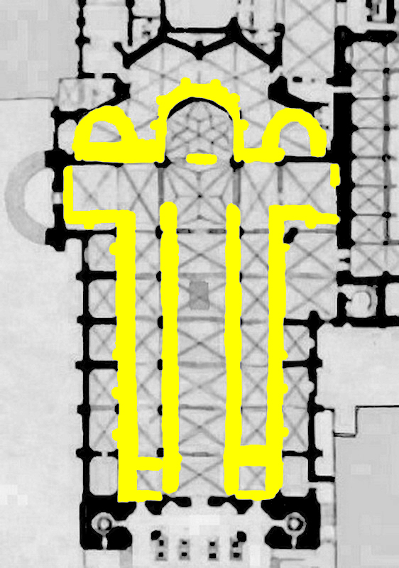 PROYECCIÓN DE LA PLANTA DEL TEMPLO ROMÁNICO SOBRE EL ACTUAL